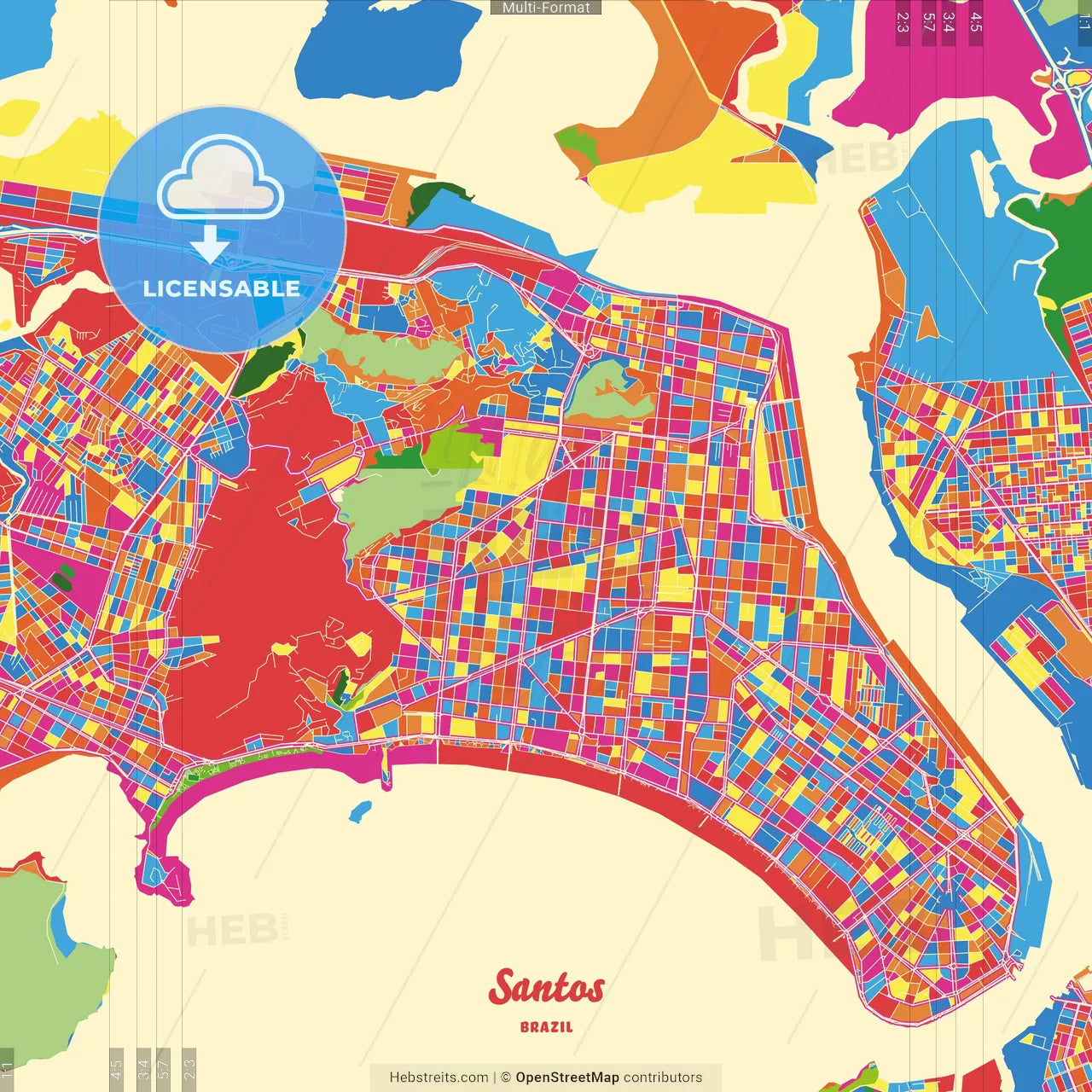 Santos, Brazil Crazy Colorful Street Map Poster Template