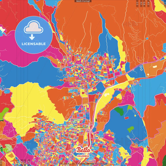Bello, Colombia Crazy Colorful Street Map Poster Template