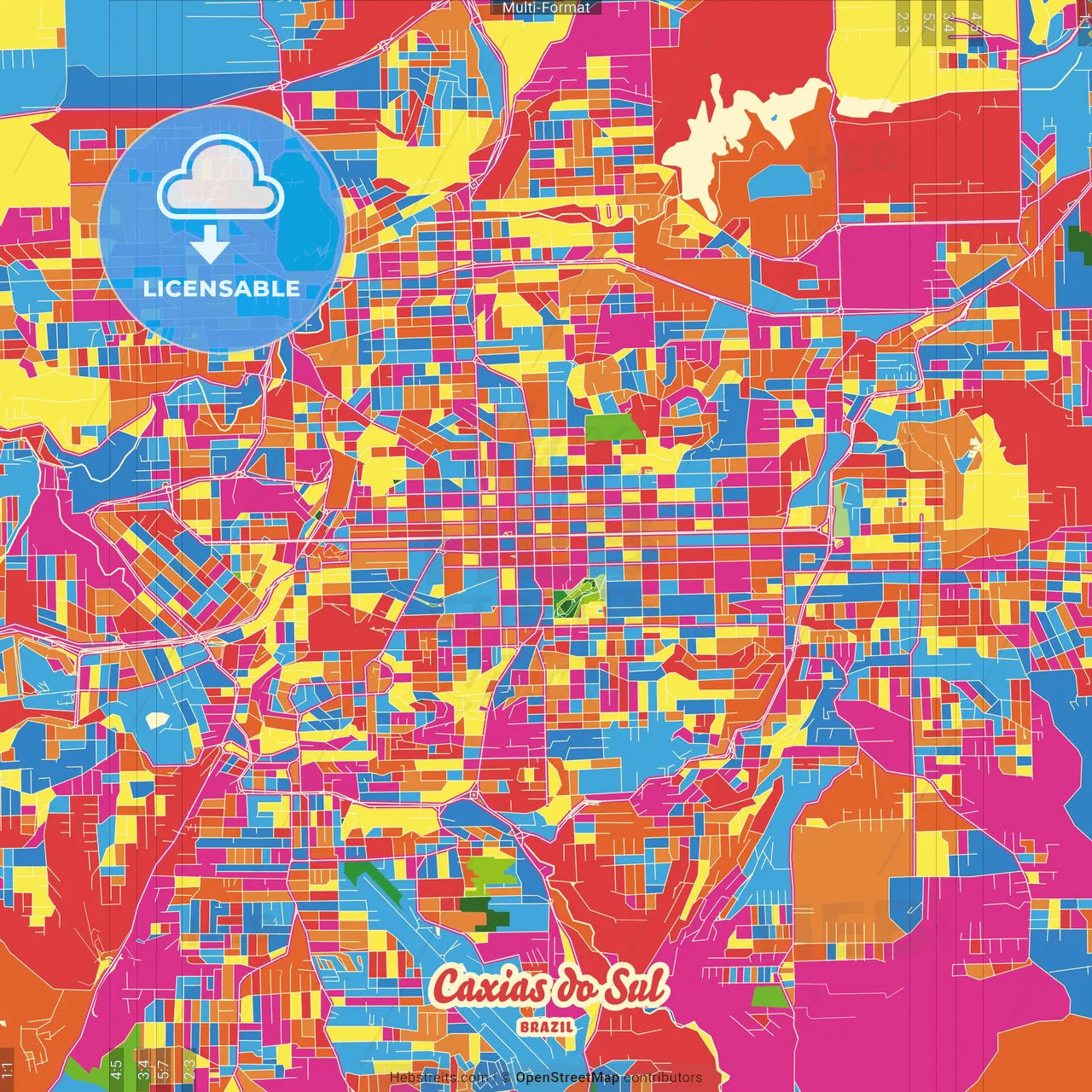 Caxias do Sul, Brazil Crazy Colorful Street Map Poster Template