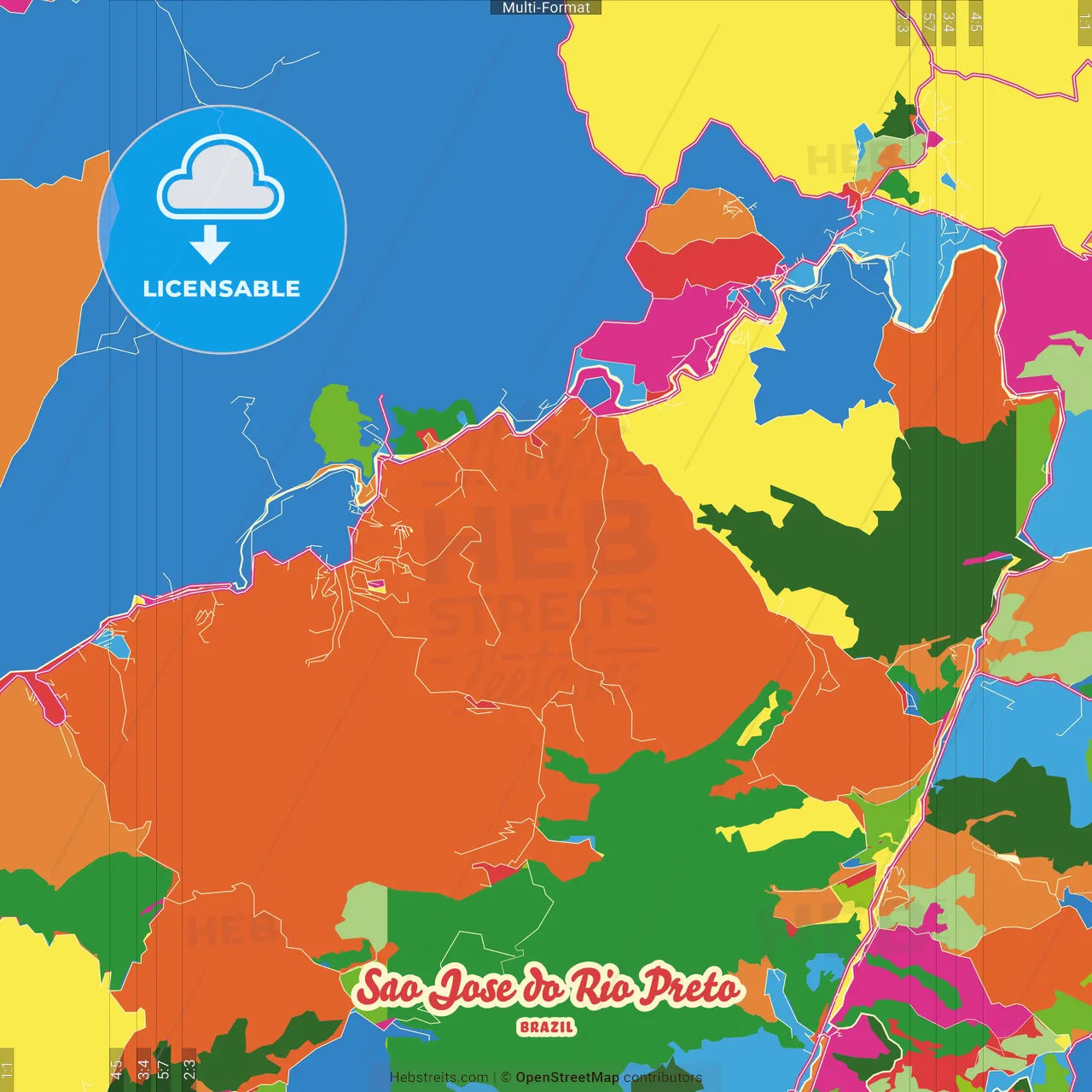 Sao Jose do Rio Preto, Brazil Crazy Colorful Street Map Poster Template