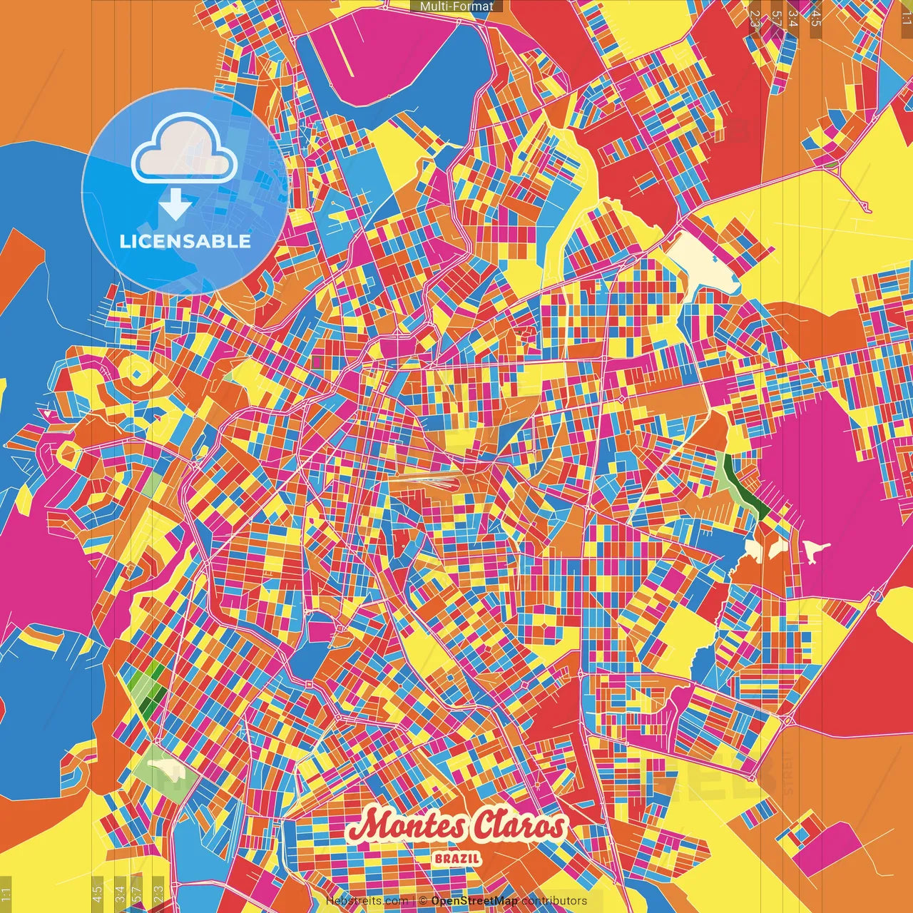 Montes Claros, Brazil Crazy Colorful Street Map Poster Template
