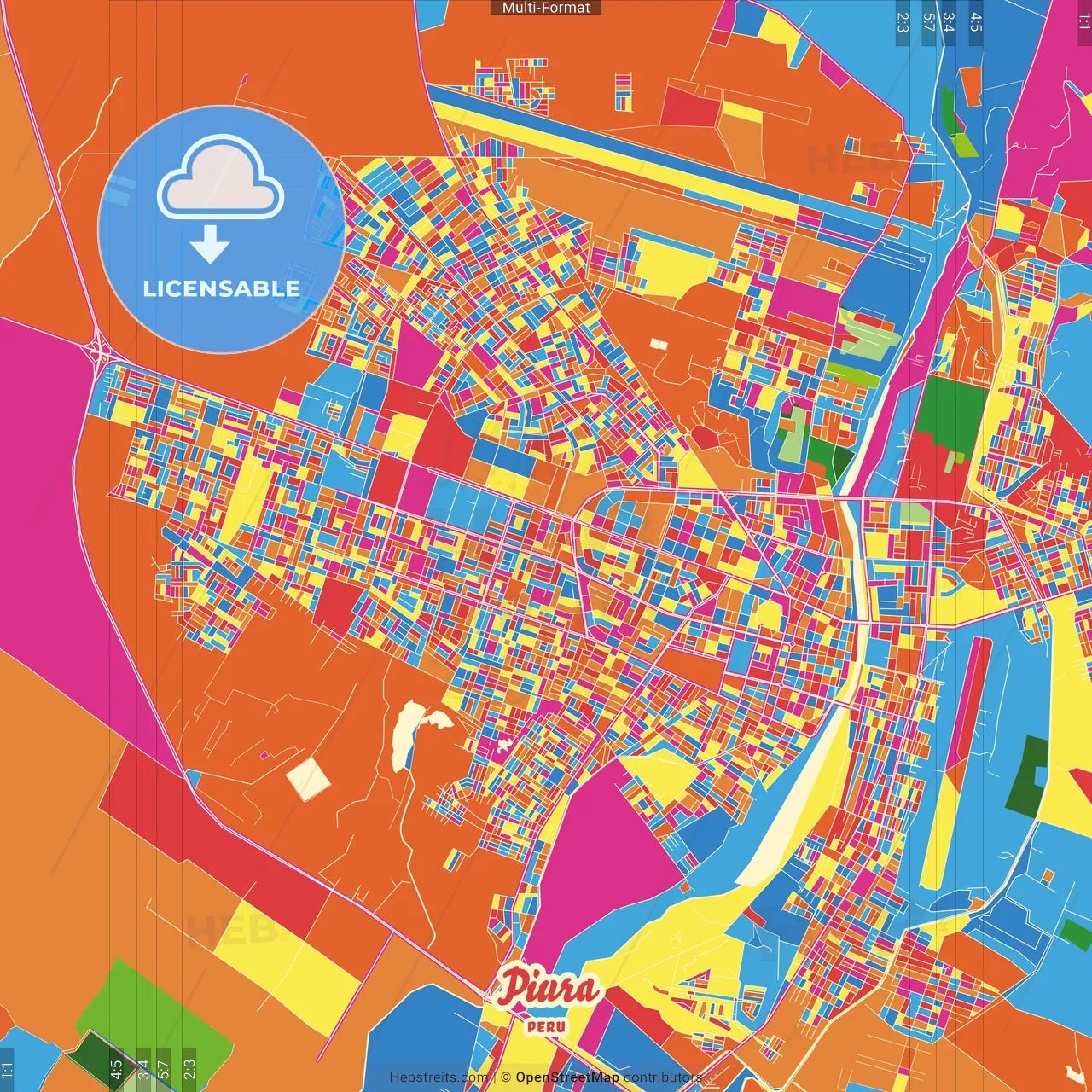 Piura, Peru Crazy Colorful Street Map Poster Template