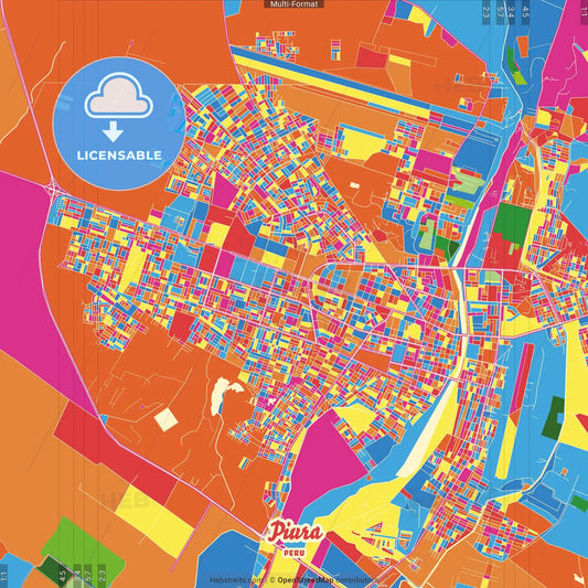 Piura, Peru Crazy Colorful Street Map Poster Template