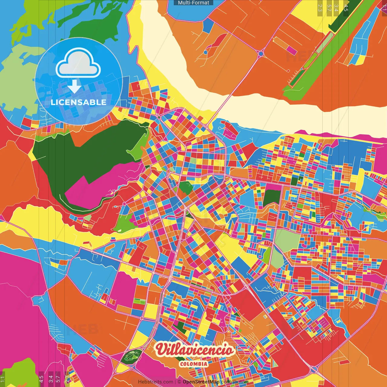 Villavicencio, Colombia Crazy Colorful Street Map Poster Template