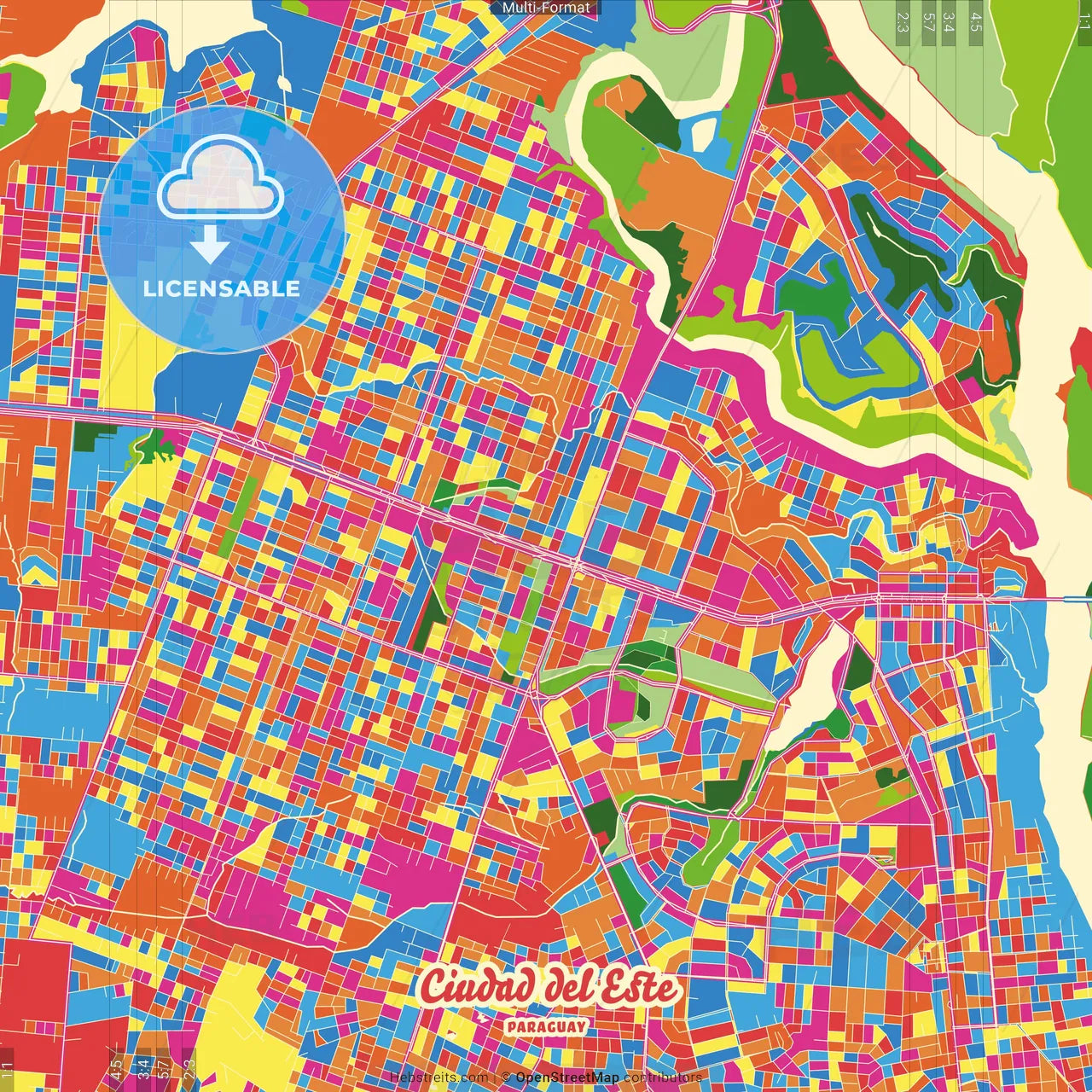 Ciudad del Este, Paraguay Crazy Colorful Street Map Poster Template