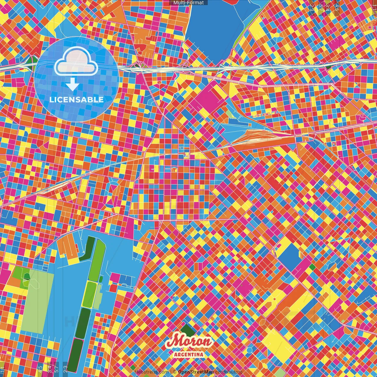 Moron, Argentina Crazy Colorful Street Map Poster Template