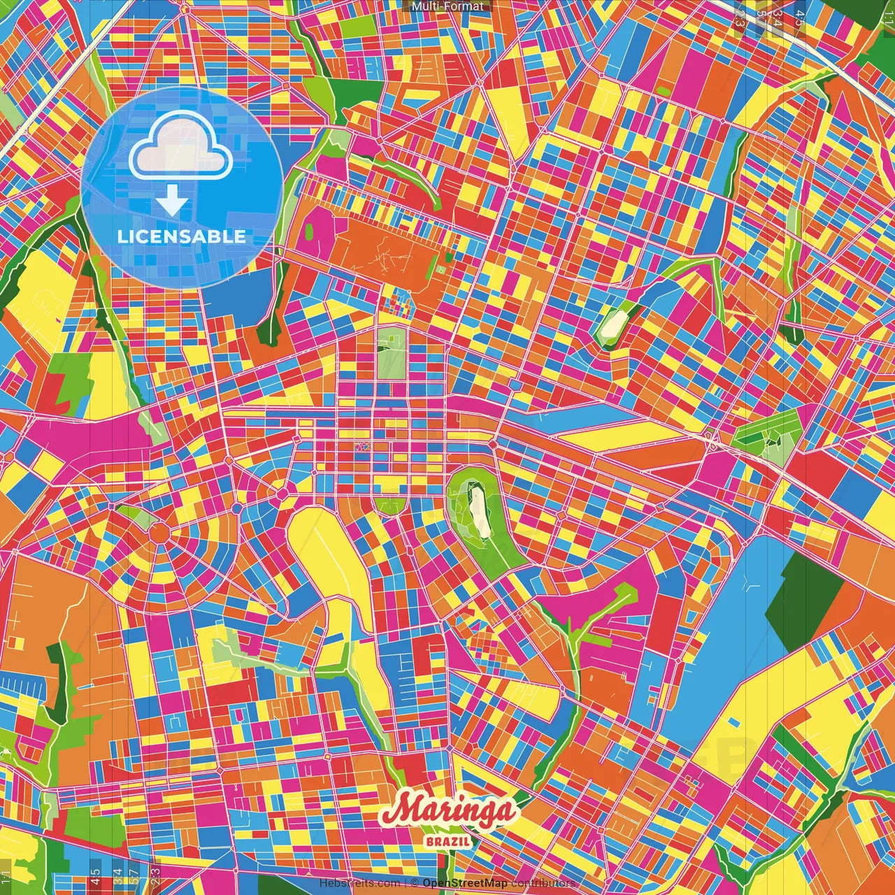 Maringa, Brazil Crazy Colorful Street Map Poster Template