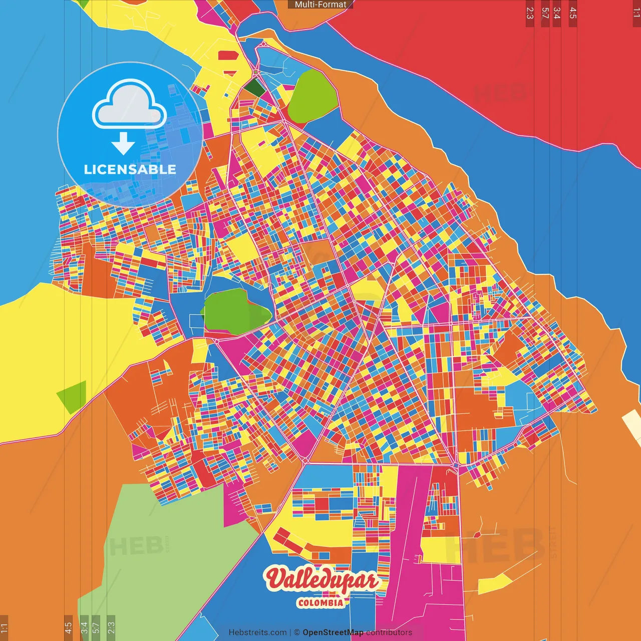 Valledupar, Colombia Crazy Colorful Street Map Poster Template