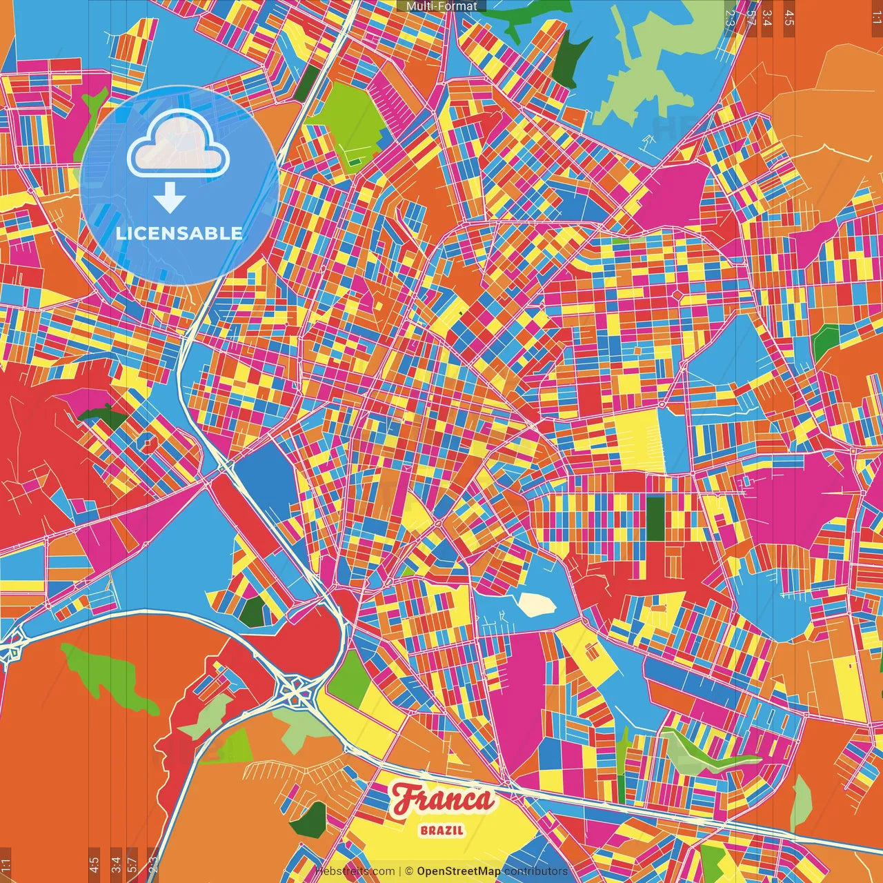 Franca, Brazil Crazy Colorful Street Map Poster Template