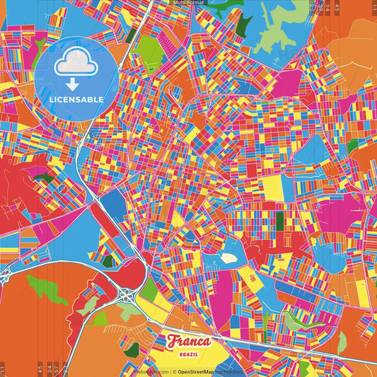 Franca, Brazil Crazy Colorful Street Map Poster Template