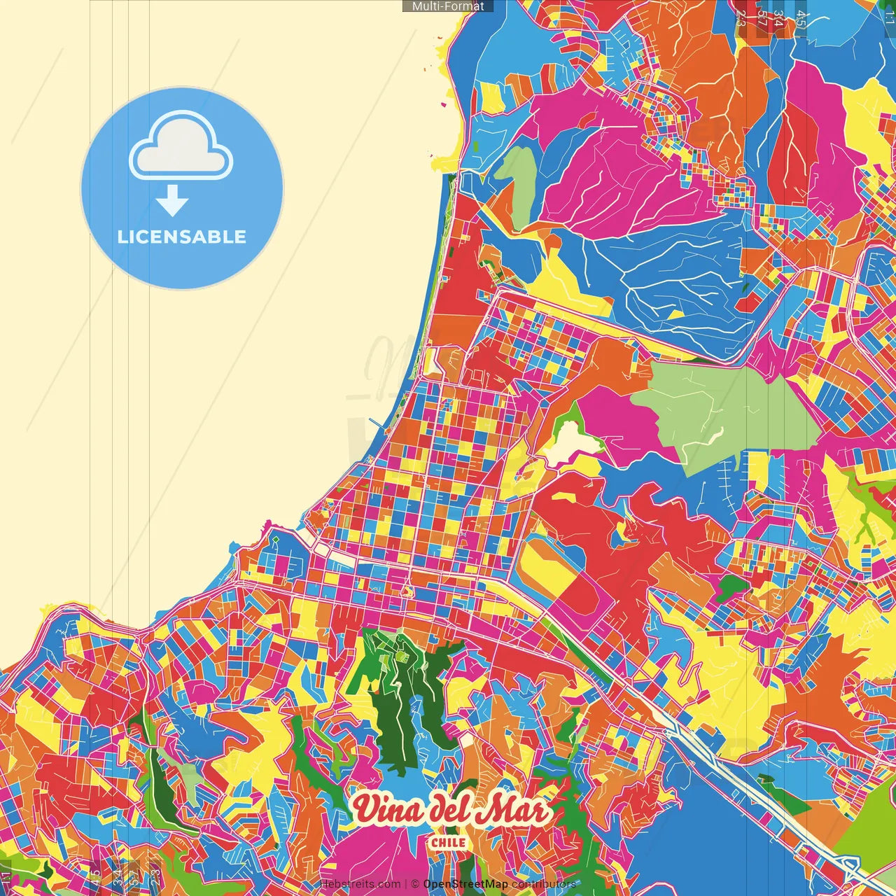 Vina del Mar, Chile Crazy Colorful Street Map Poster Template
