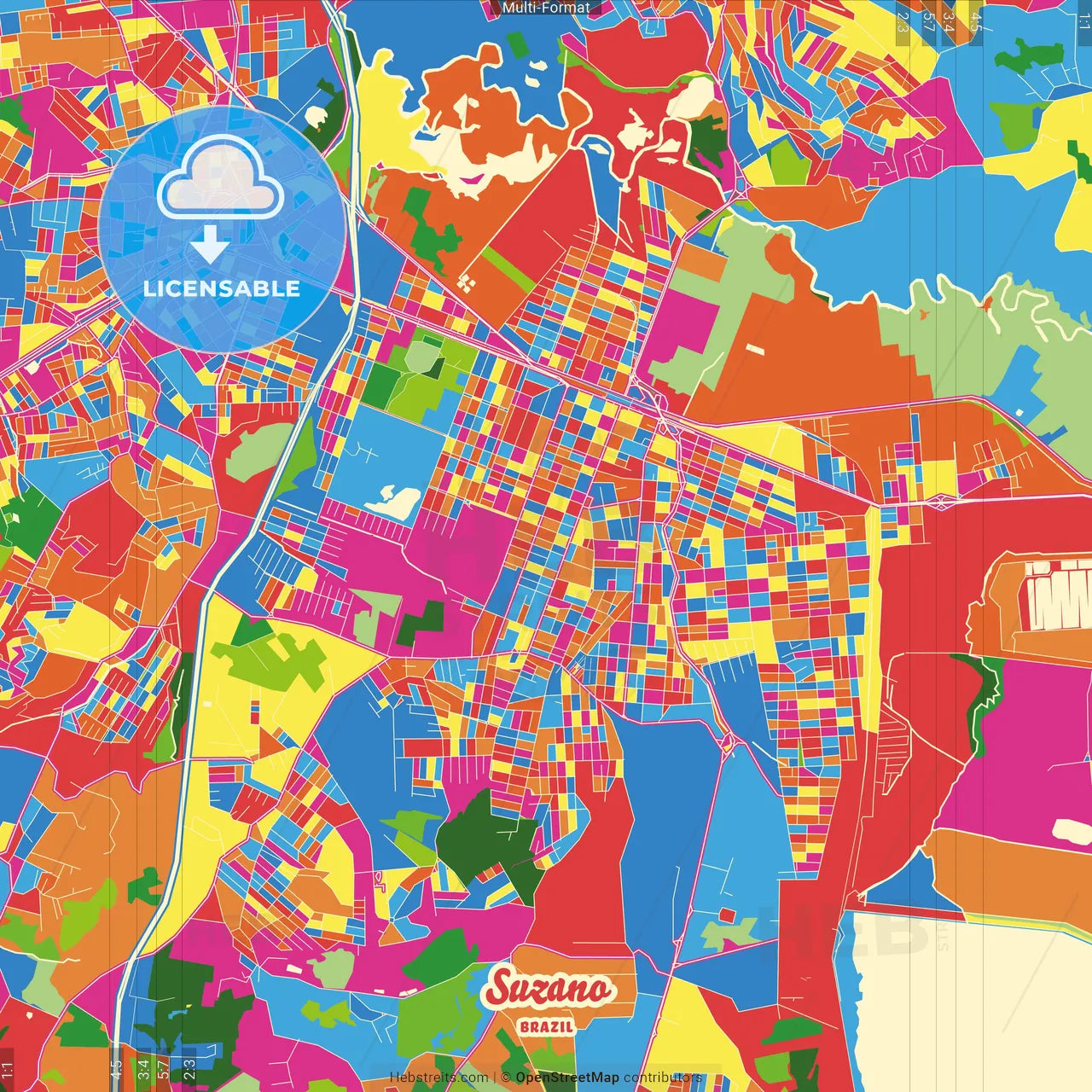 Suzano, Brazil Crazy Colorful Street Map Poster Template