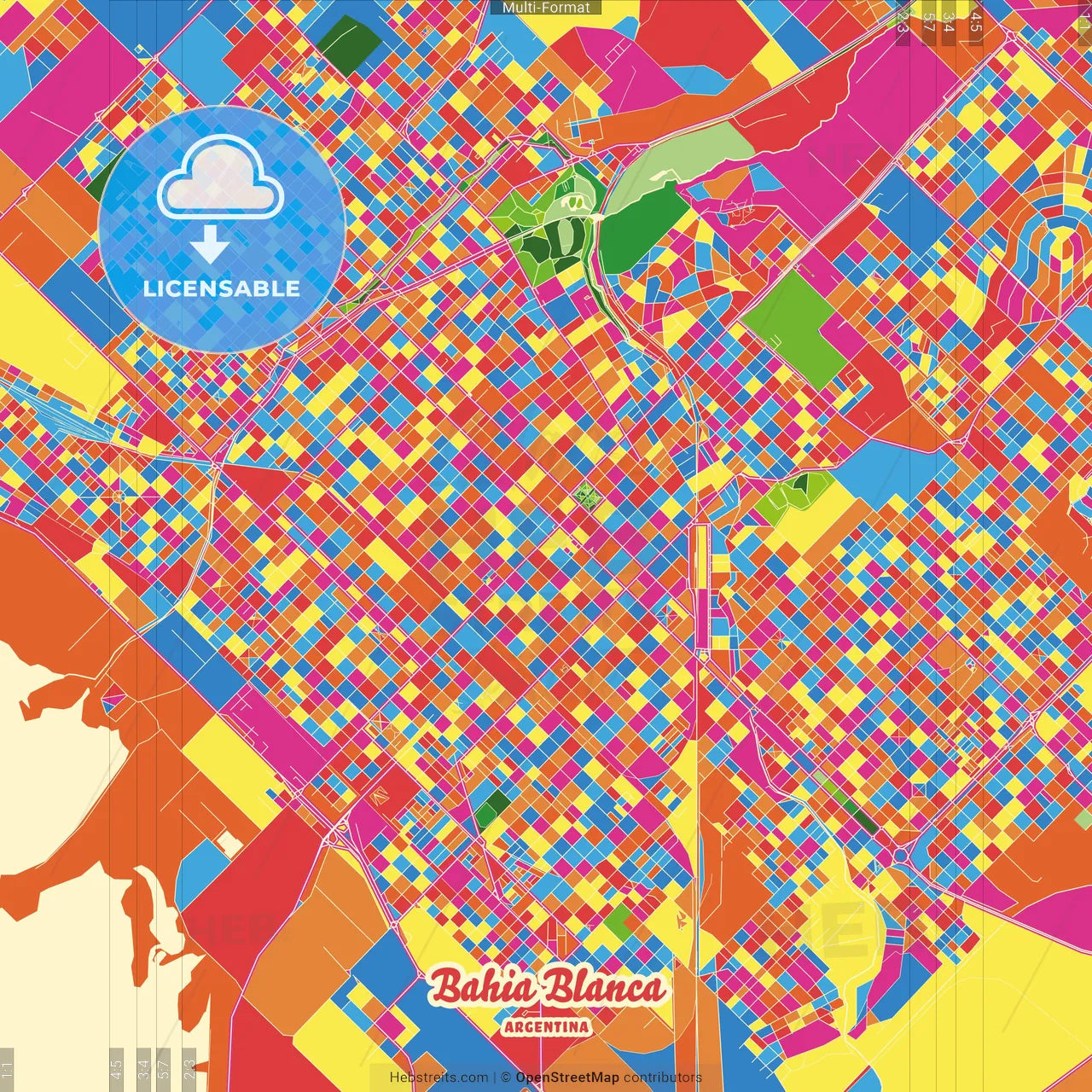 Bahia Blanca, Argentina Crazy Colorful Street Map Poster Template