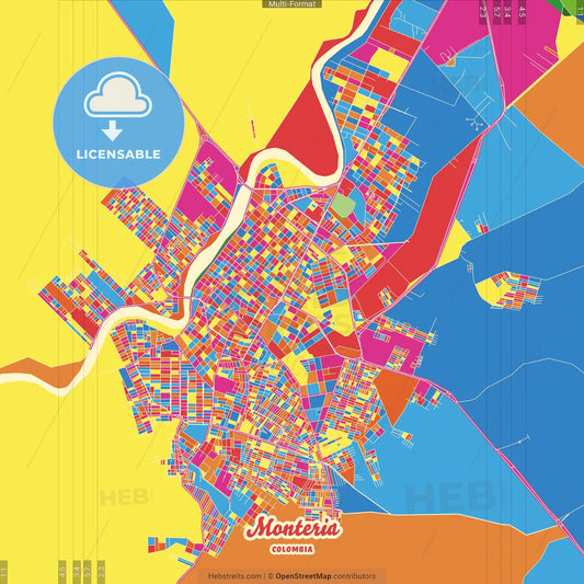 Monteria, Colombia Crazy Colorful Street Map Poster Template