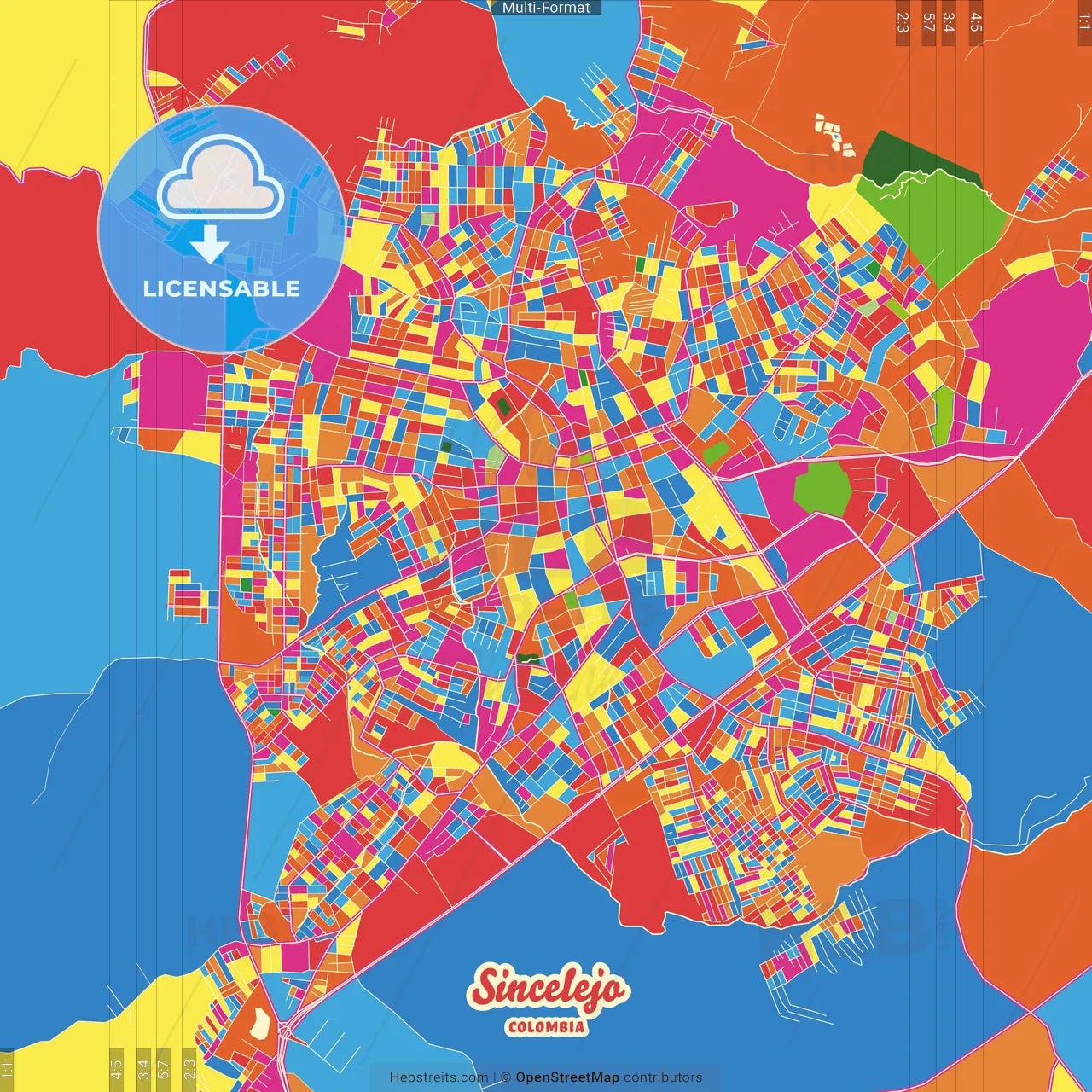 Sincelejo, Colombia Crazy Colorful Street Map Poster Template