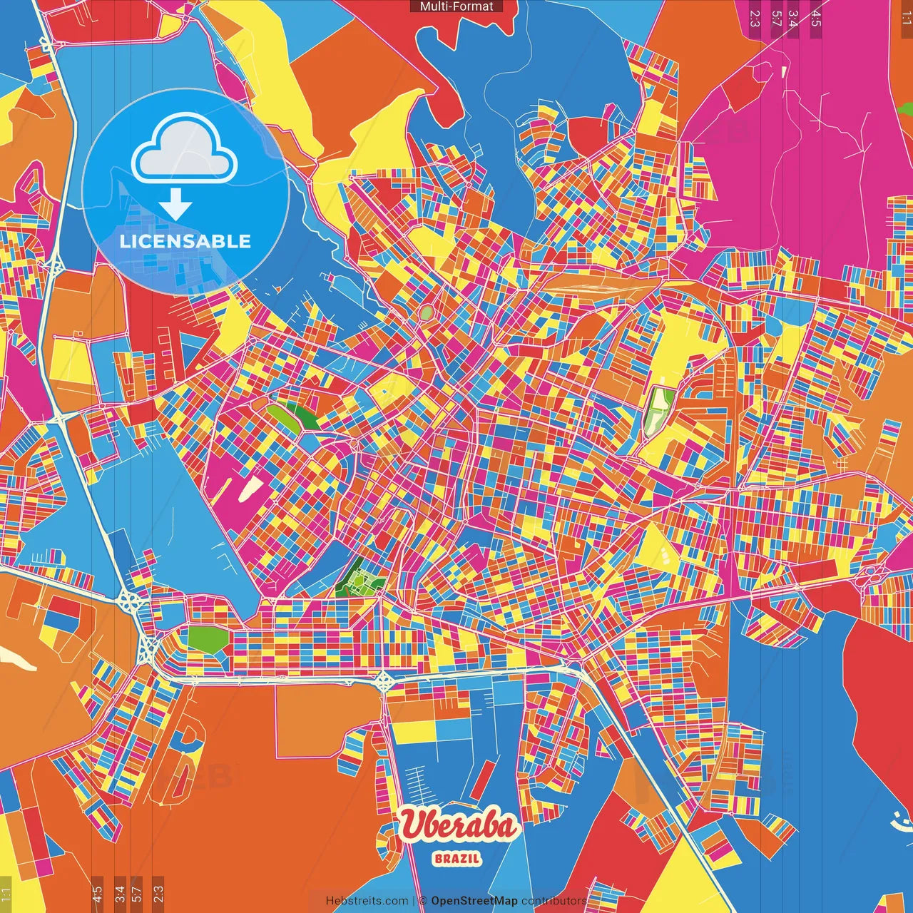 Uberaba, Brazil Crazy Colorful Street Map Poster Template