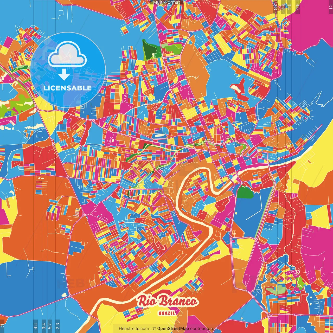 Rio Branco, Brazil Crazy Colorful Street Map Poster Template