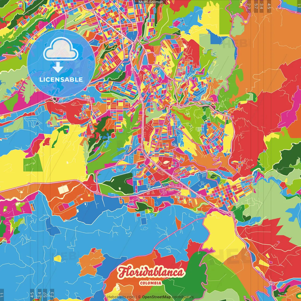 Floridablanca, Colombia Crazy Colorful Street Map Poster Template