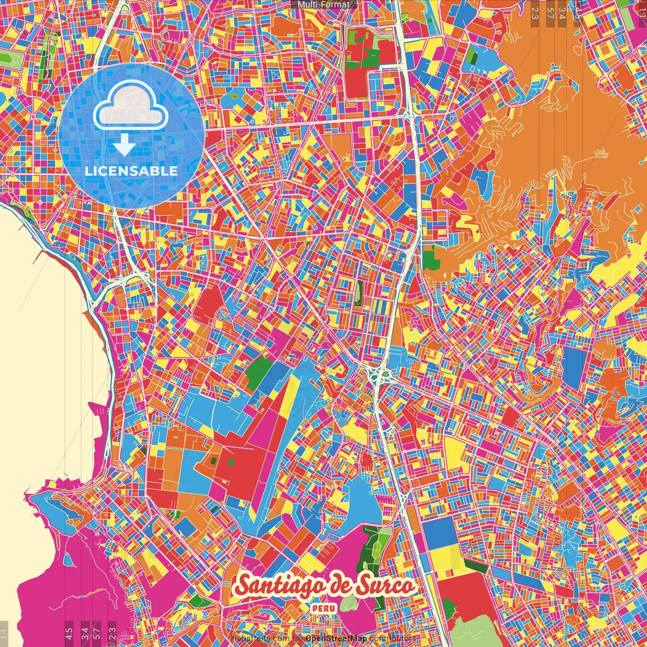Santiago de Surco, Peru Crazy Colorful Street Map Poster Template