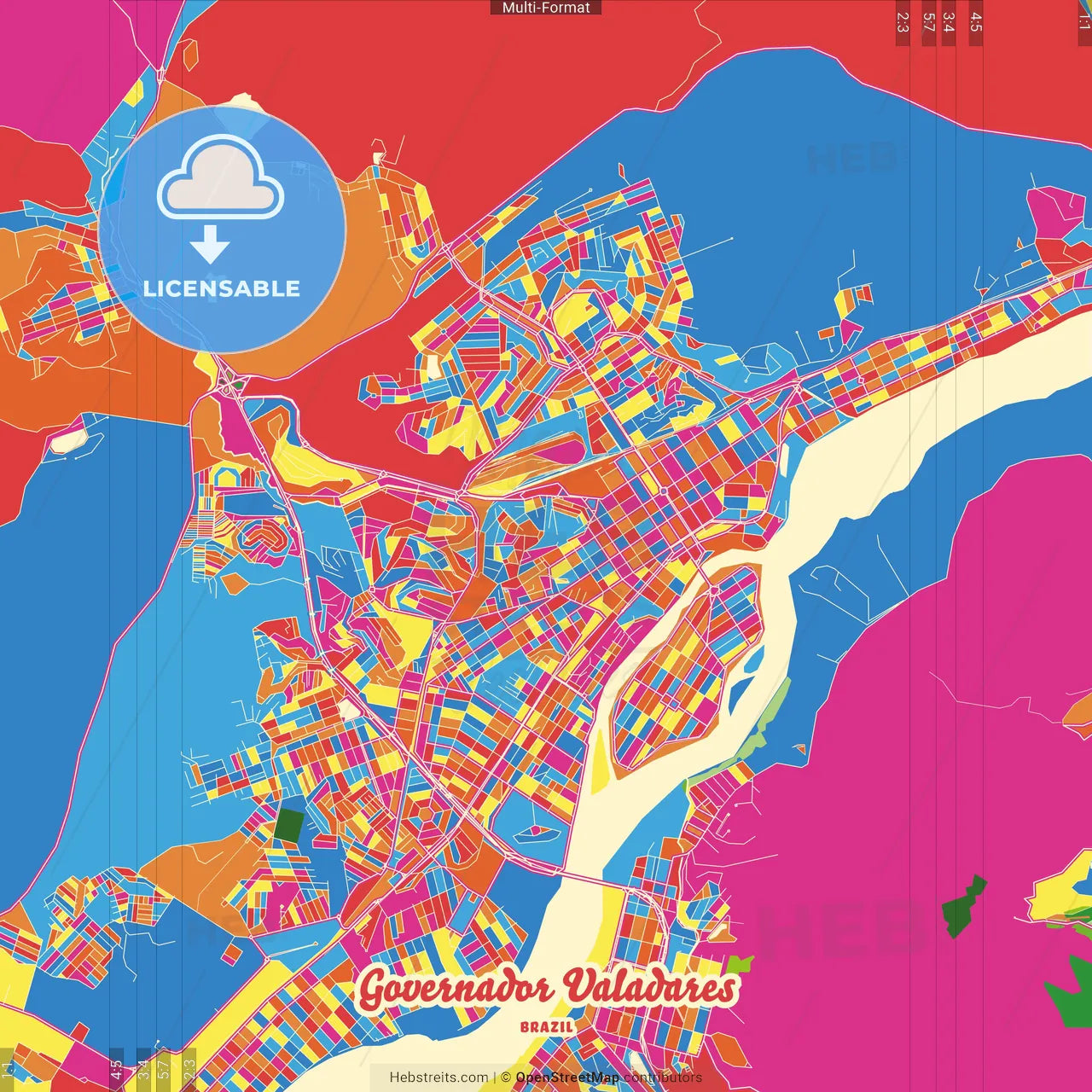 Governador Valadares, Brazil Crazy Colorful Street Map Poster Template