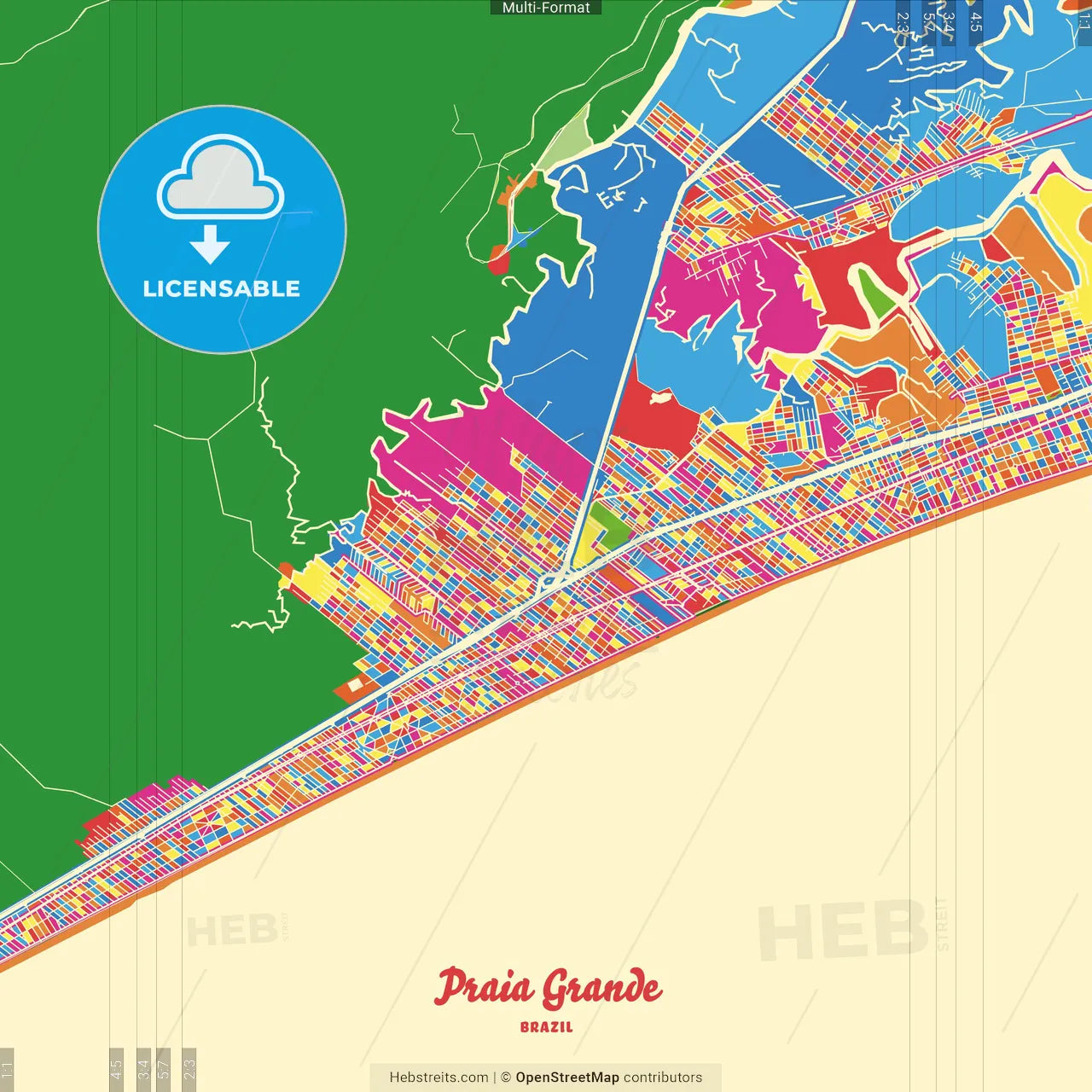 Praia Grande, Brazil Crazy Colorful Street Map Poster Template