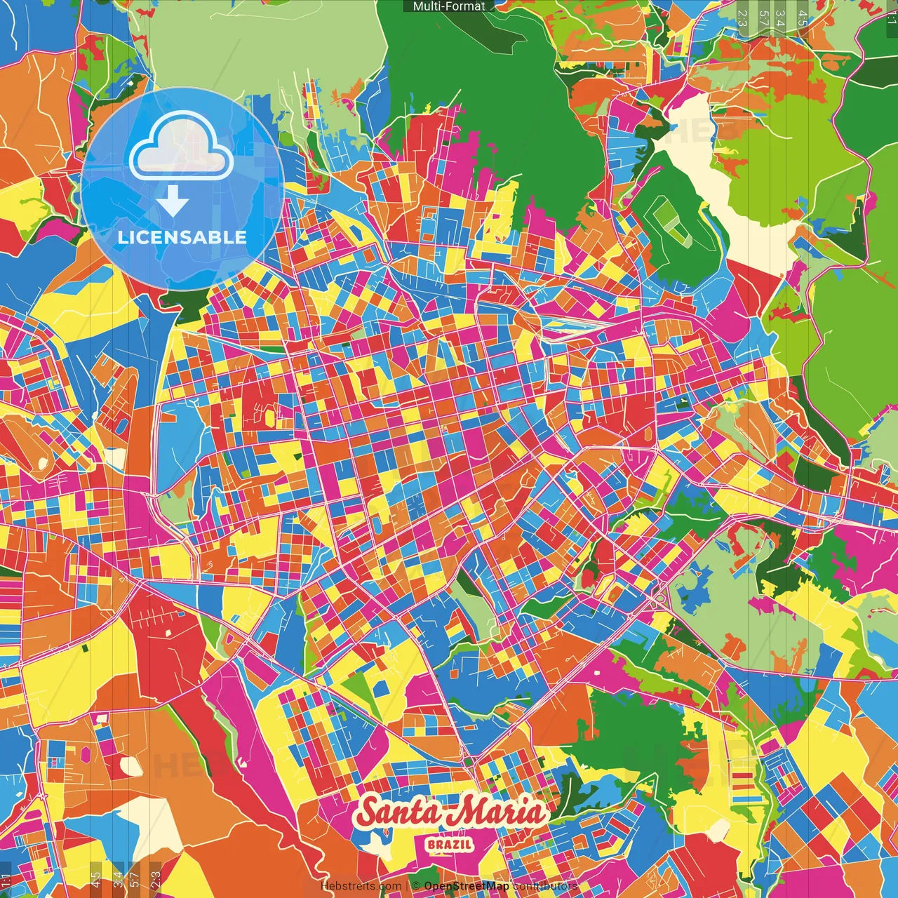 Santa Maria, Brazil Crazy Colorful Street Map Poster Template