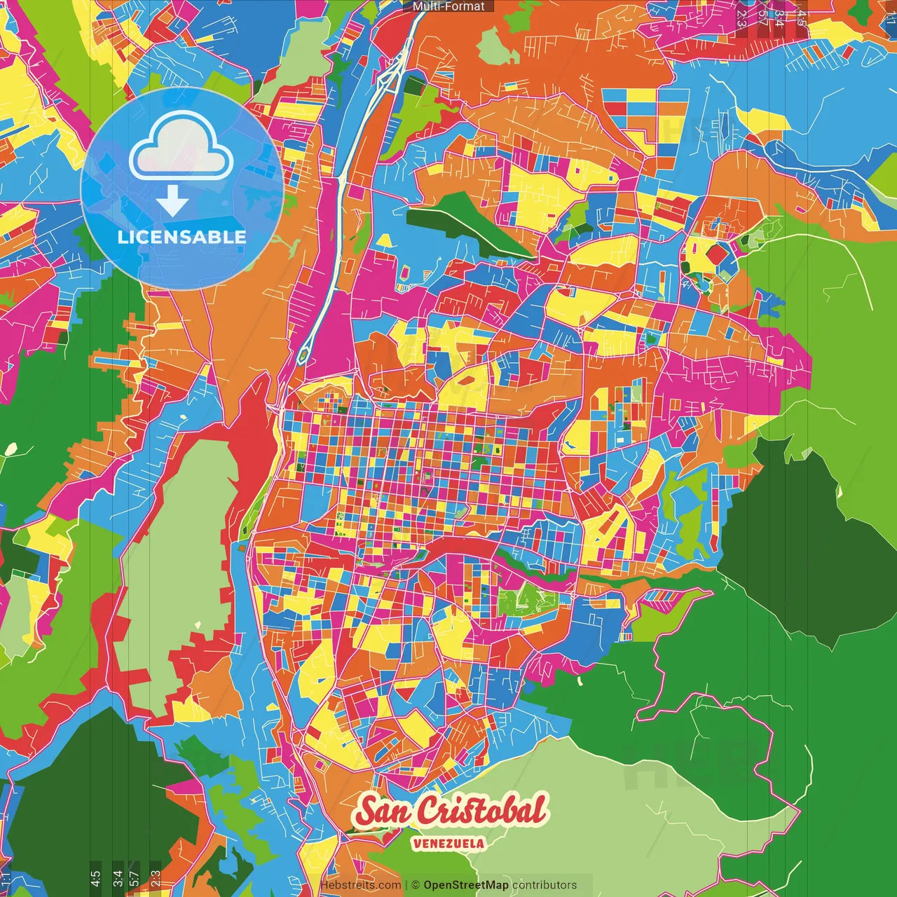 San Cristobal, Venezuela Crazy Colorful Street Map Poster Template