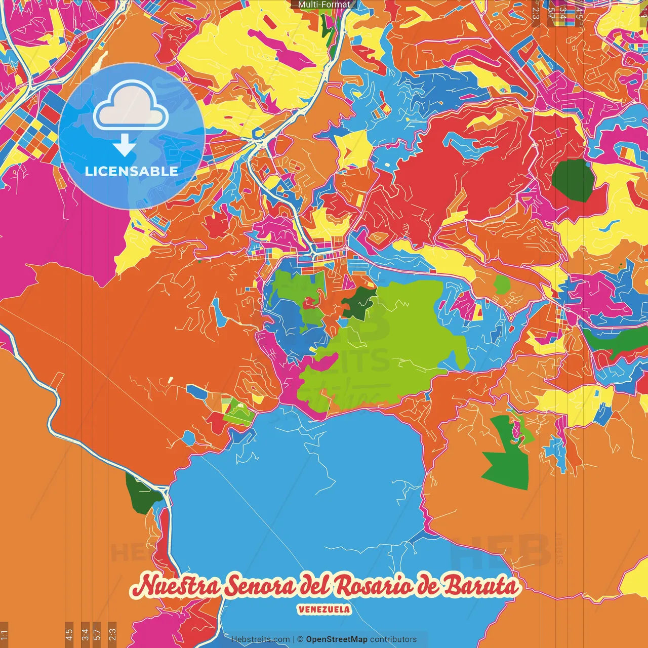 Nuestra Senora del Rosario de Baruta, Venezuela Crazy Colorful Street Map Poster Template