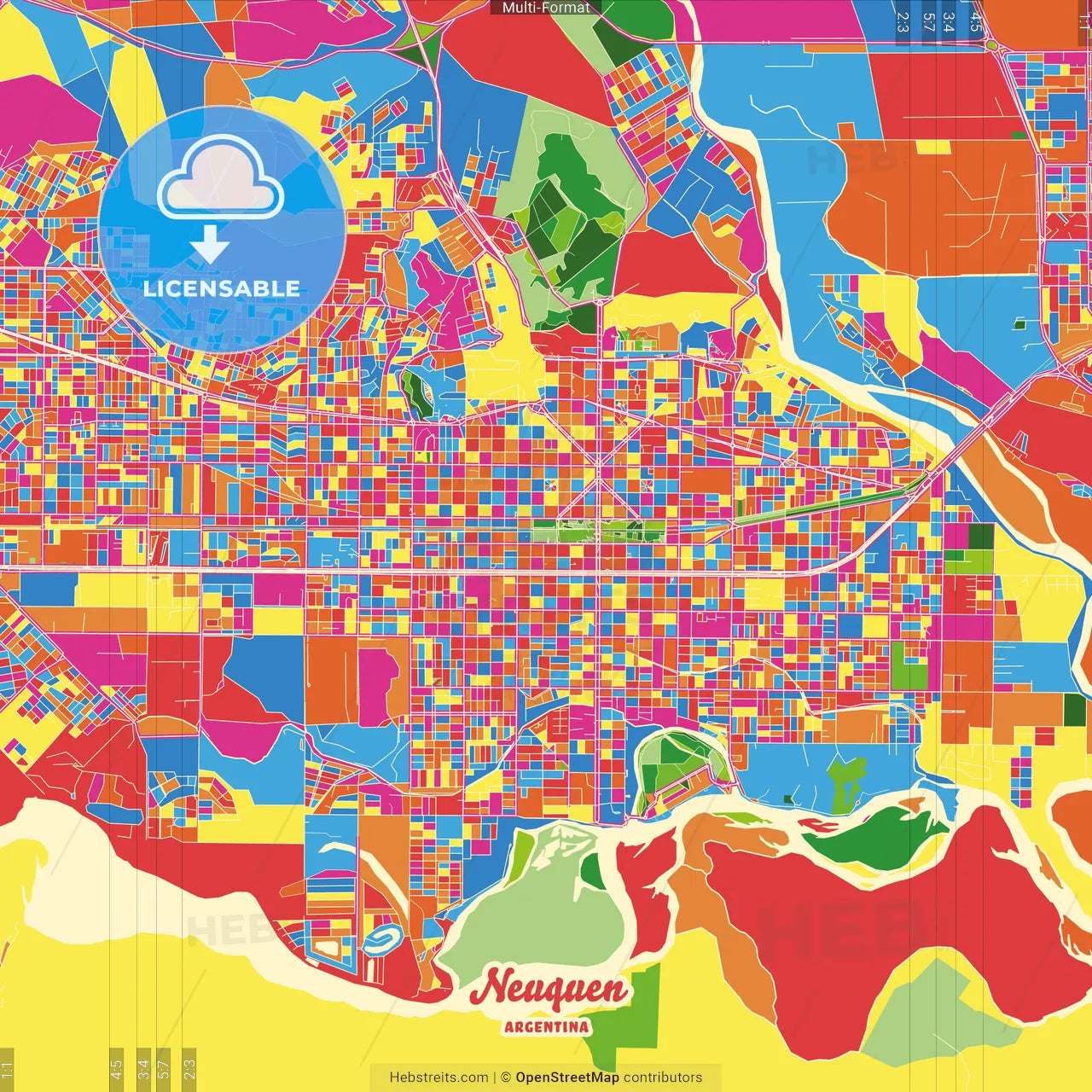 Neuquen, Argentina Crazy Colorful Street Map Poster Template