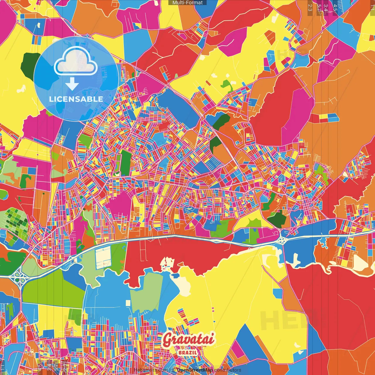 Gravatai, Brazil Crazy Colorful Street Map Poster Template