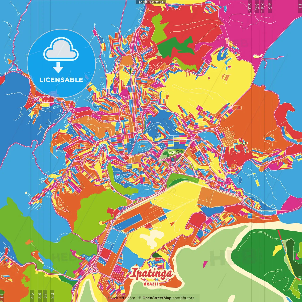 Ipatinga, Brazil Crazy Colorful Street Map Poster Template