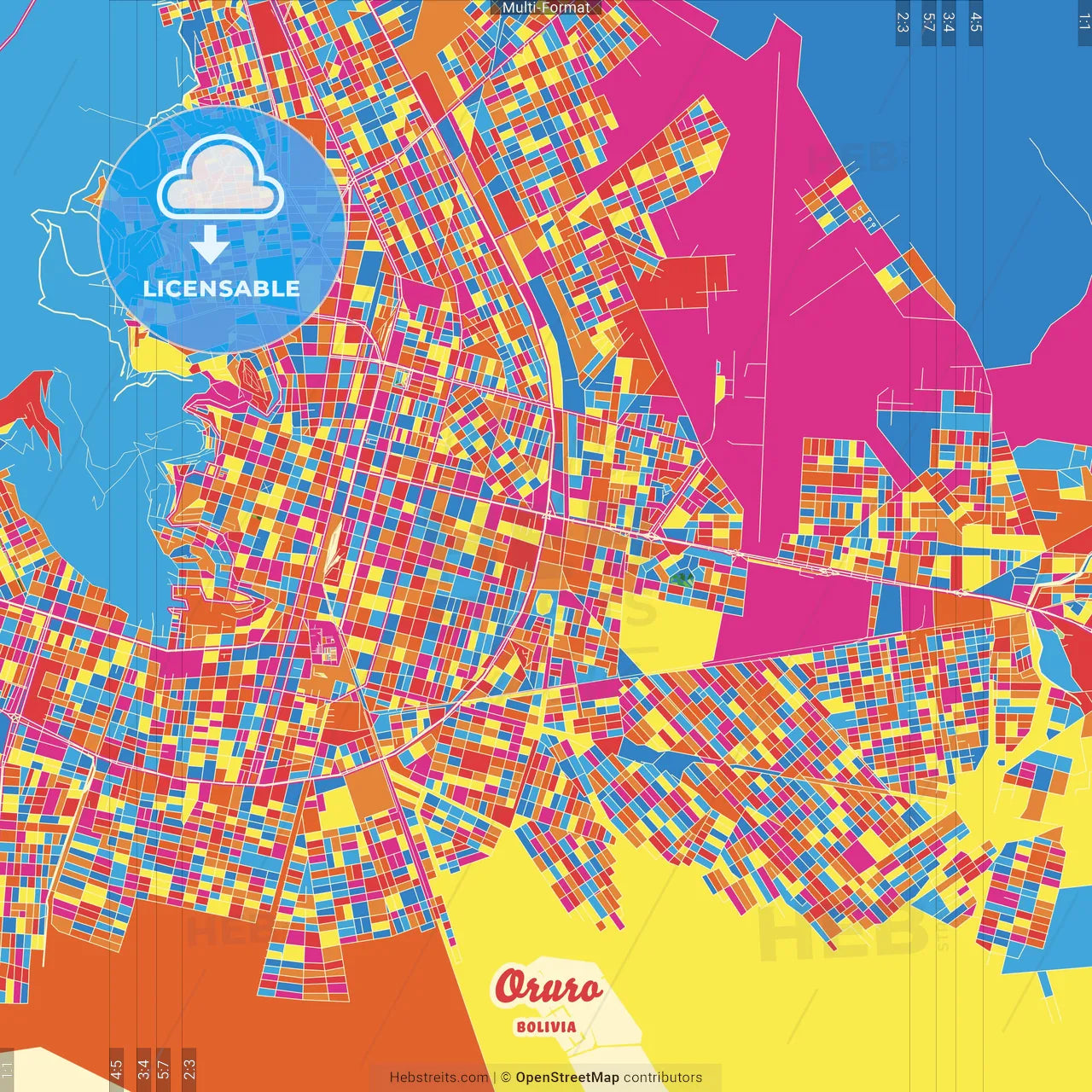 Oruro, Bolivia Crazy Colorful Street Map Poster Template