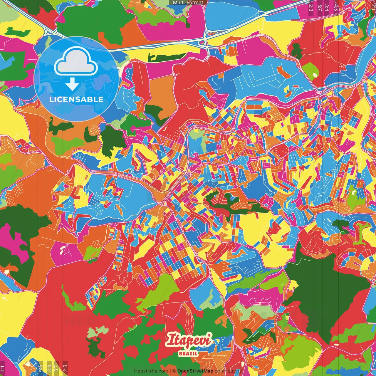 Itapevi, Brazil Crazy Colorful Street Map Poster Template