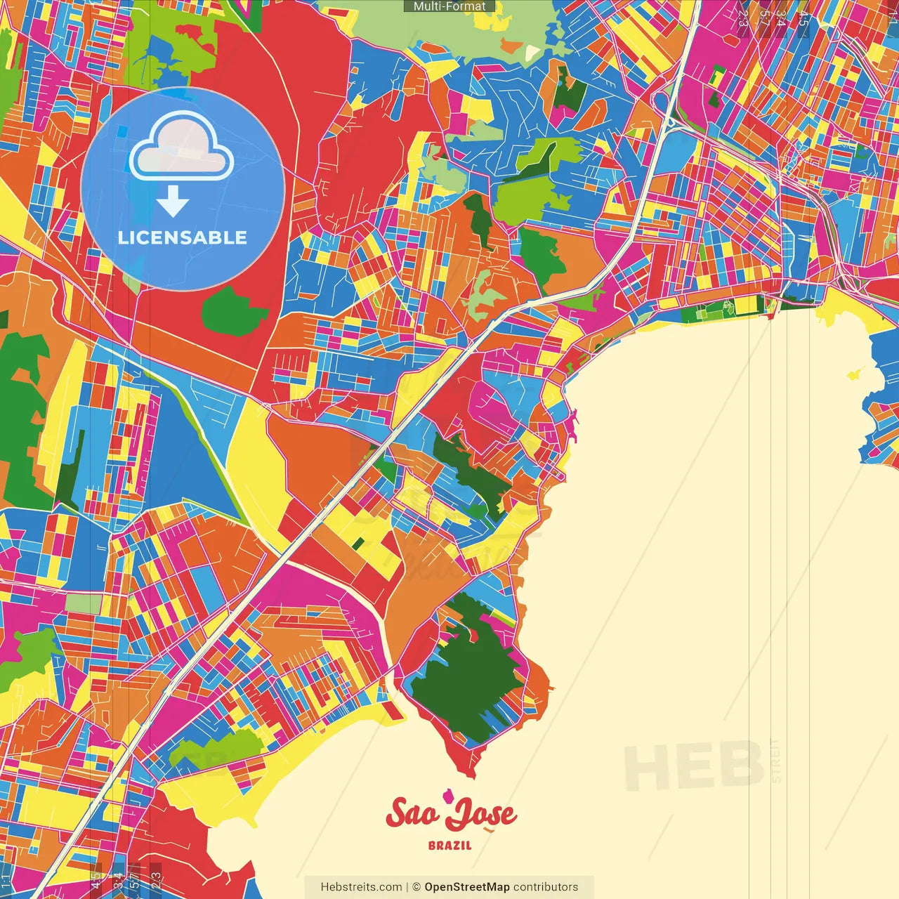 Sao Jose, Brazil Crazy Colorful Street Map Poster Template