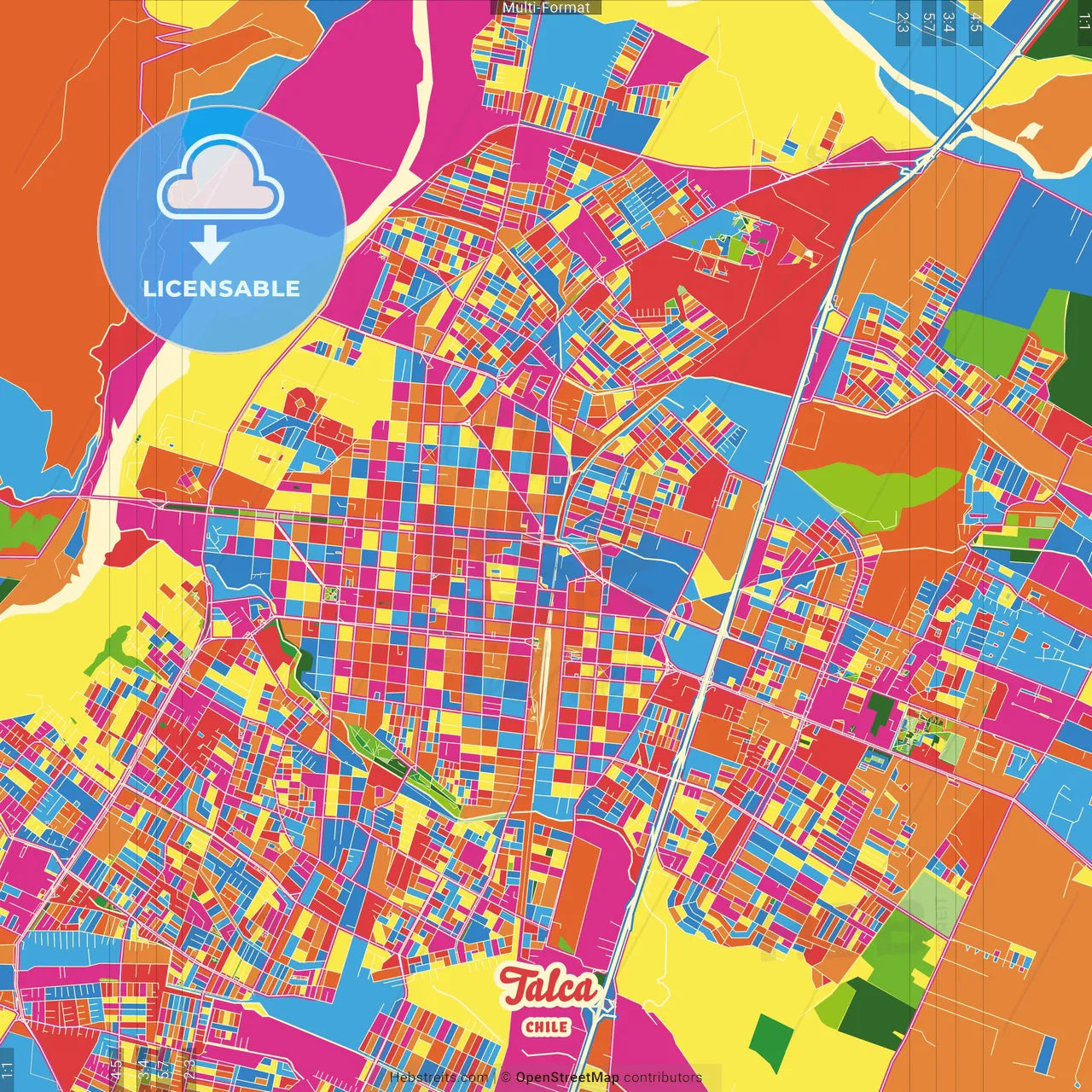 Talca, Chile Crazy Colorful Street Map Poster Template
