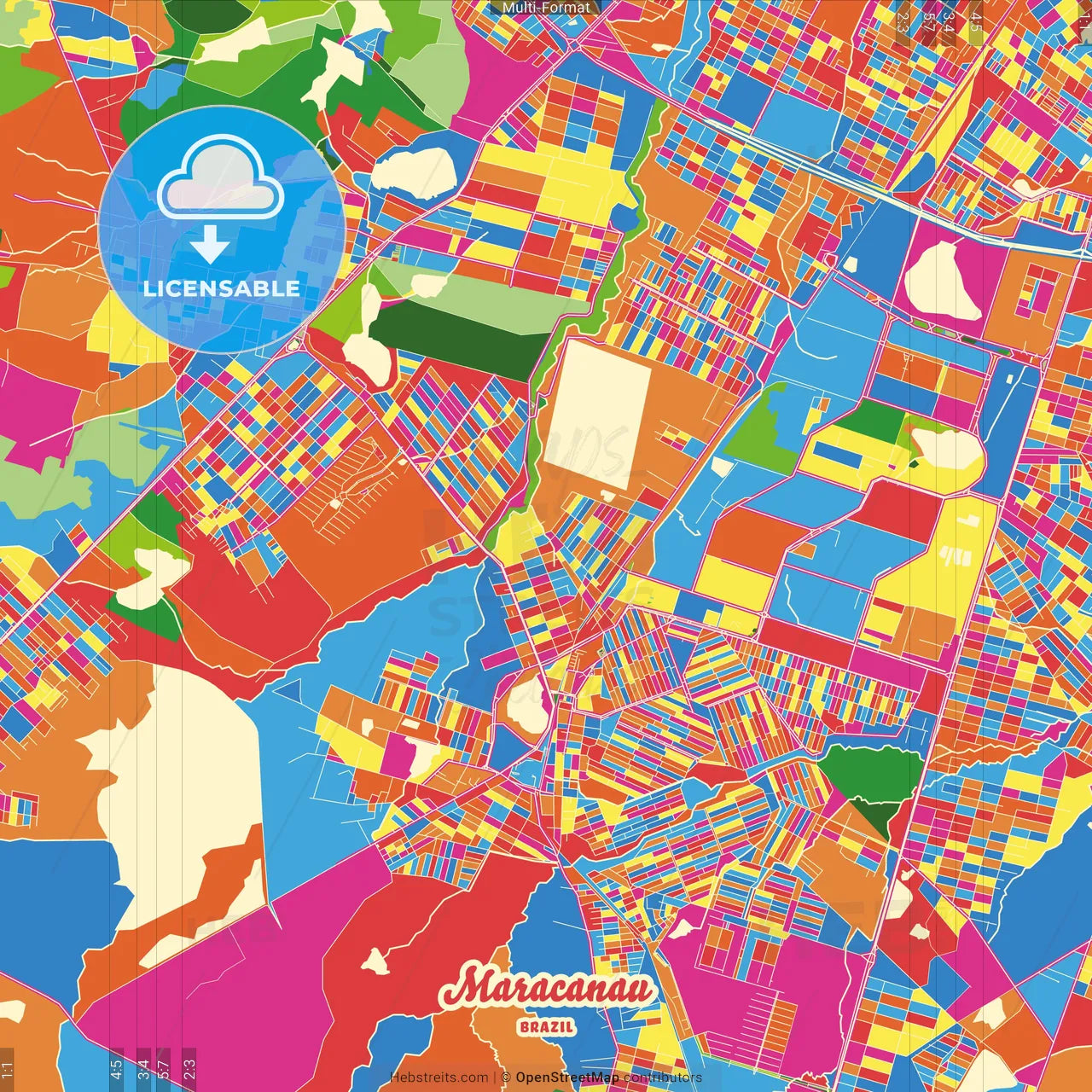 Maracanau, Brazil Crazy Colorful Street Map Poster Template