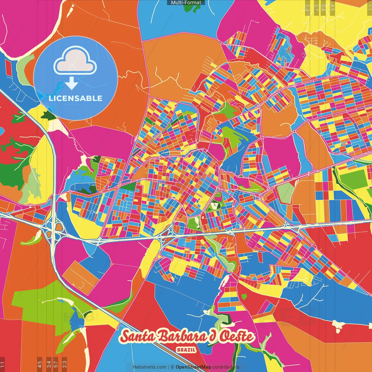 Santa Barbara d Oeste, Brazil Crazy Colorful Street Map Poster Template