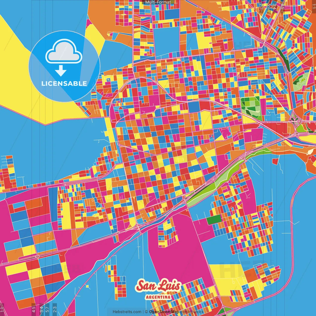 San Luis, Argentina Crazy Colorful Street Map Poster Template
