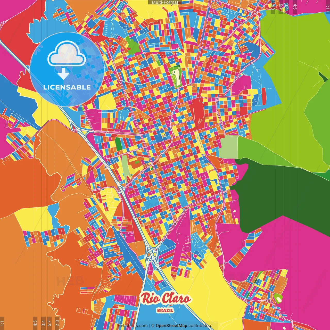 Rio Claro, Brazil Crazy Colorful Street Map Poster Template
