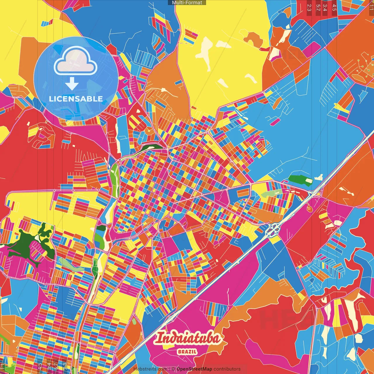 Indaiatuba, Brazil Crazy Colorful Street Map Poster Template