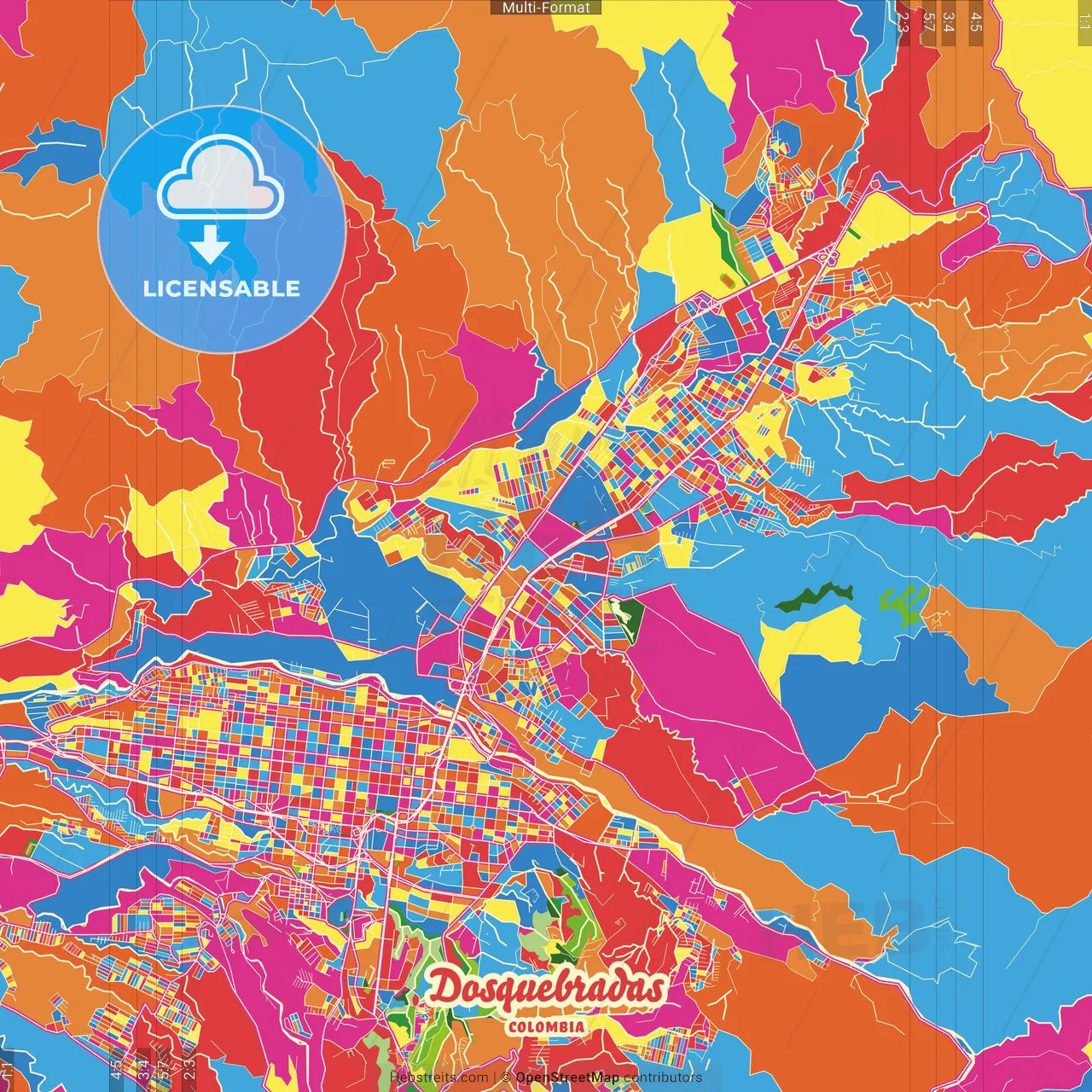 Dosquebradas, Colombia Crazy Colorful Street Map Poster Template