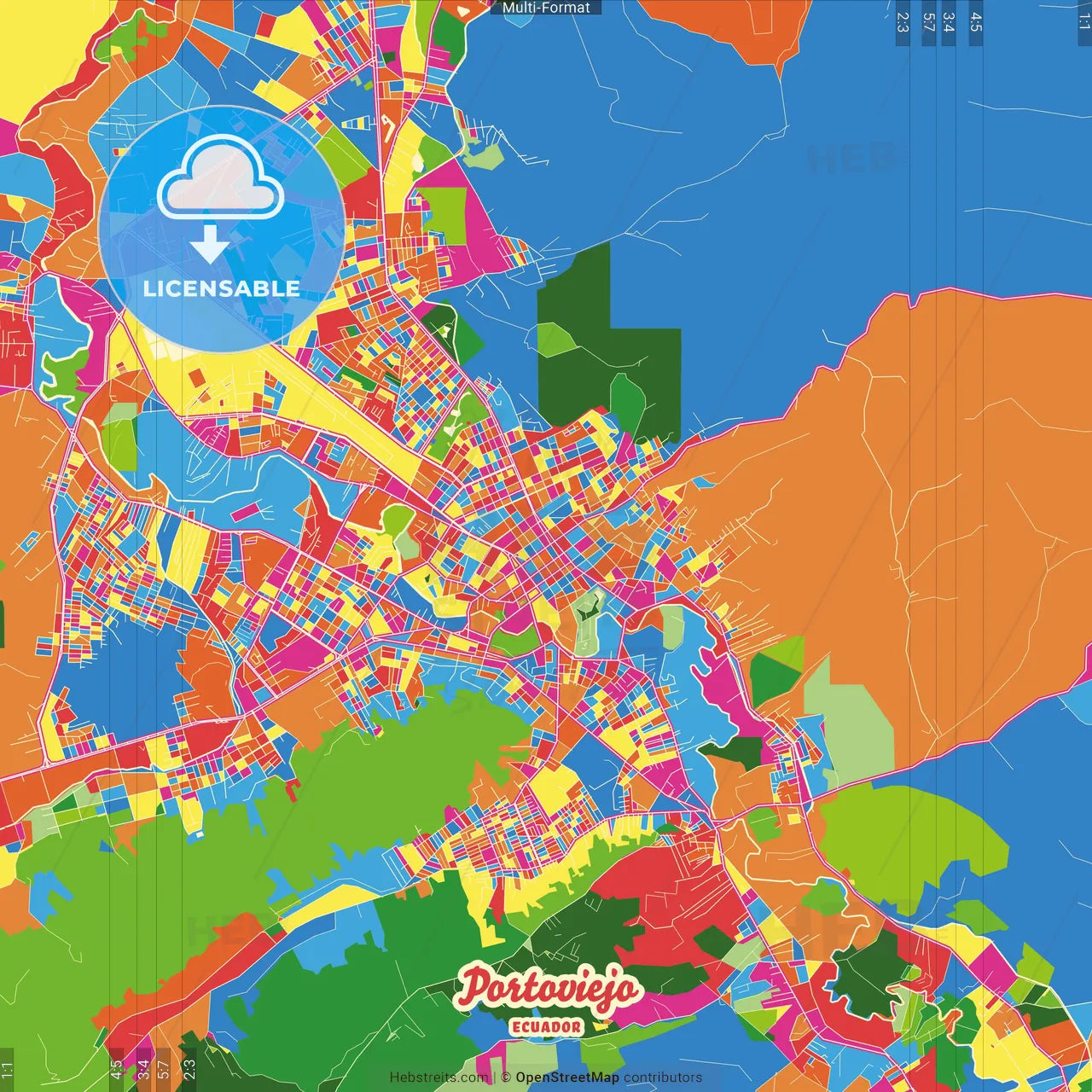 Portoviejo, Ecuador Crazy Colorful Street Map Poster Template