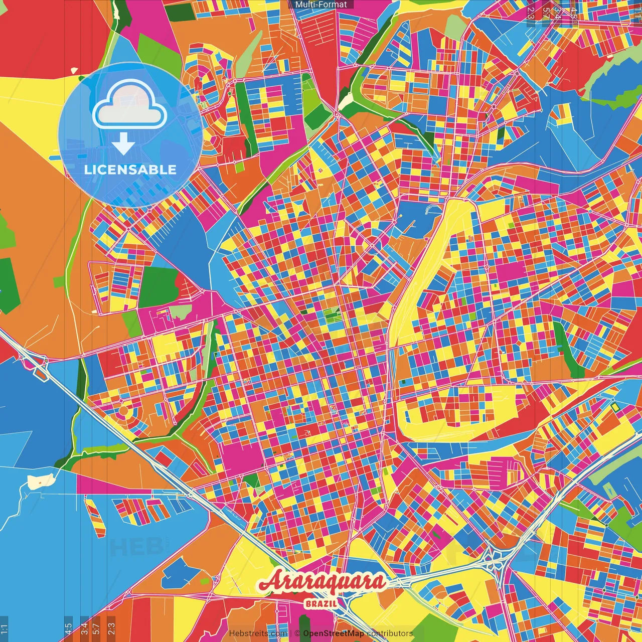 Araraquara, Brazil Crazy Colorful Street Map Poster Template