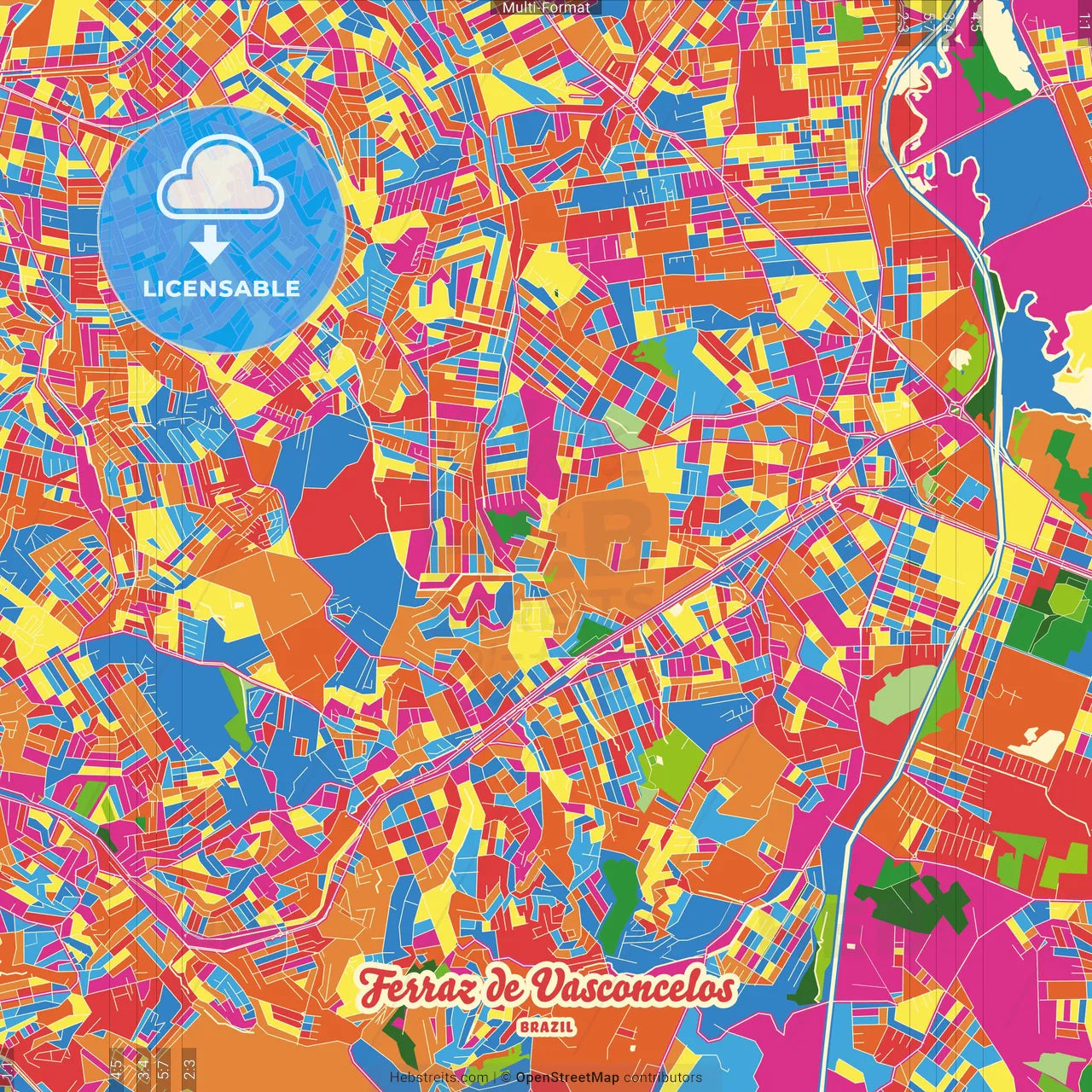 Ferraz de Vasconcelos, Brazil Crazy Colorful Street Map Poster Template