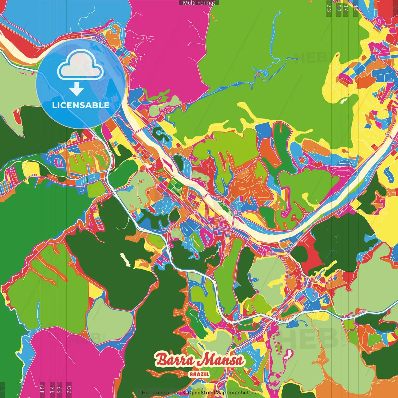 Barra Mansa, Brazil Crazy Colorful Street Map Poster Template