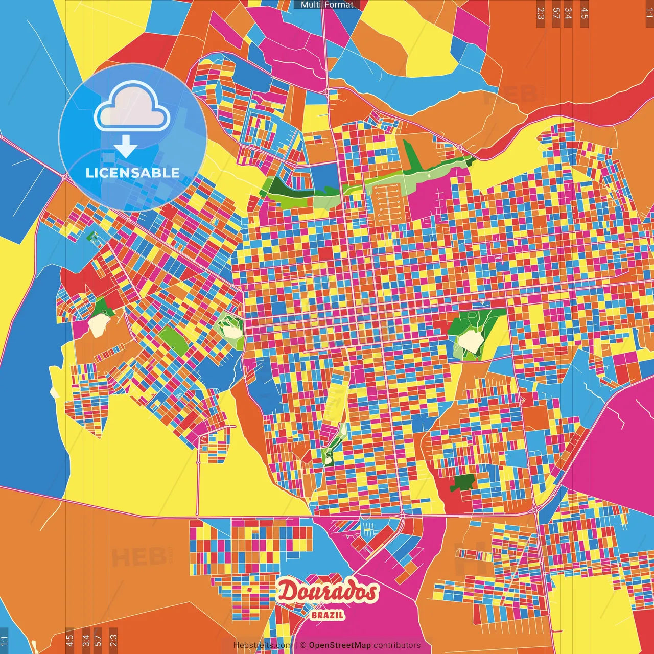Dourados, Brazil Crazy Colorful Street Map Poster Template