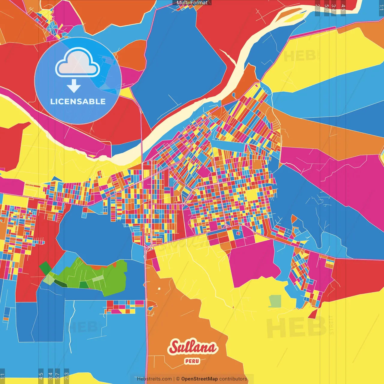 Sullana, Peru Crazy Colorful Street Map Poster Template