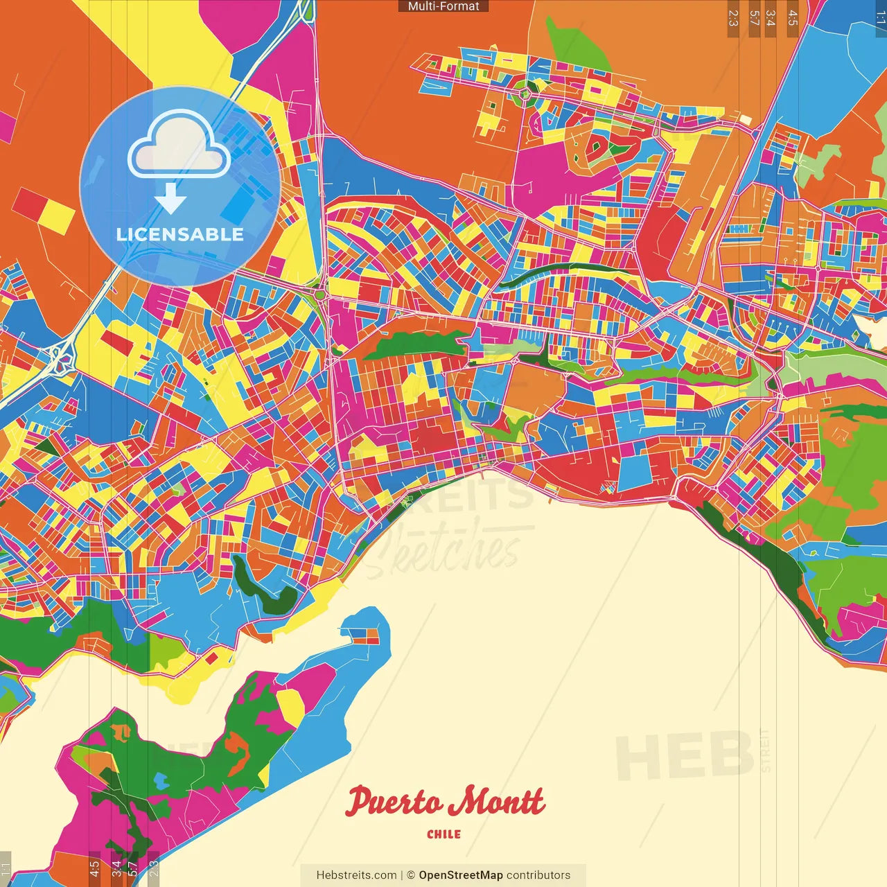 Puerto Montt, Chile Crazy Colorful Street Map Poster Template