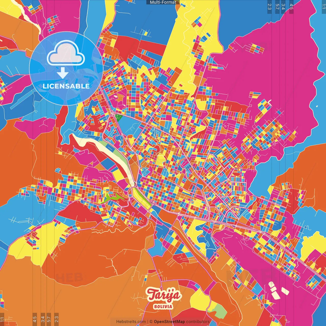 Tarija, Bolivia Crazy Colorful Street Map Poster Template