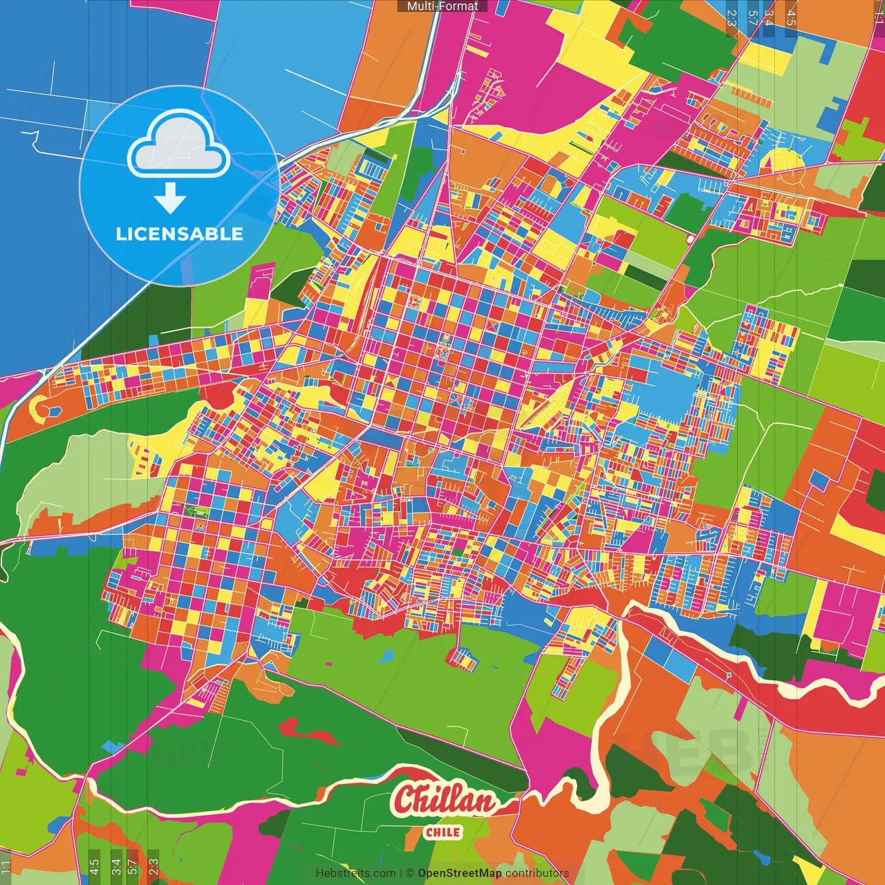 Chillan, Chile Crazy Colorful Street Map Poster Template